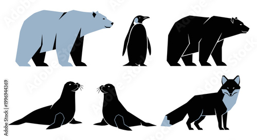 Group of Arctic Animal Silhouettes Walking.