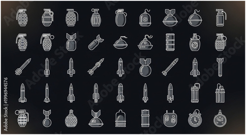 Collection of various weapon types, including grenades, bombs, and projectiles, on a dark background.