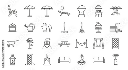Collection of outdoor and garden related line art icons for design and decoration.
