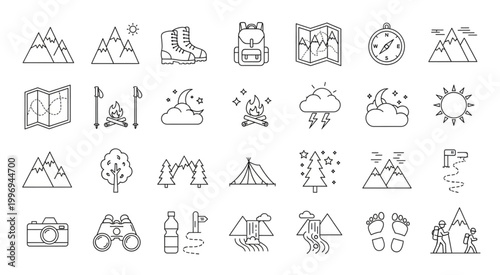 Collection of hand-drawn camping and outdoor adventure icons for design elements.