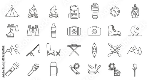 Camping and outdoor adventure equipment icons and illustrations set.