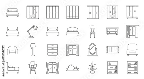 Collection of various furniture line art illustrations for interior design and decoration.