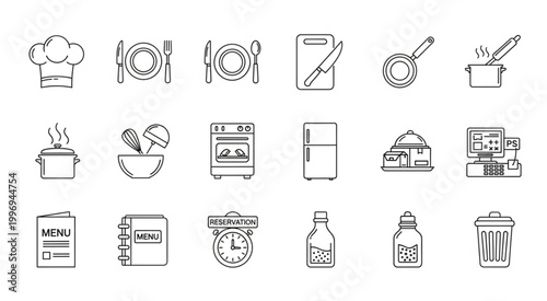 Collection of kitchen utensils and appliances for cooking and dining.