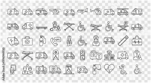 Medical emergency vehicles and equipment icons for healthcare and ambulance services.