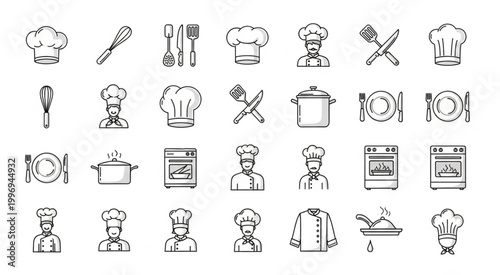 Collection of various chef and kitchen related icons in black and white.