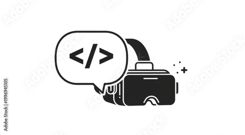 Virtual reality headset with coding symbol representing software development.