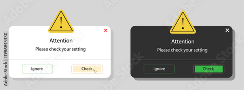 System alert pop up message for website or application. User interface for settings. Warning window templates in light and dark mode. Computer mouse cursor is clicking on "check" button.