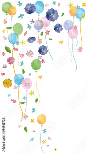 水彩風 花とバルーン お祝いフレーム 縦 Happy Series:Watercolor-style flower and balloon celebration frame