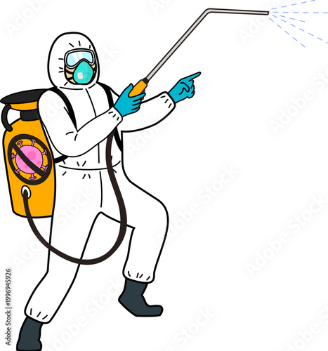 Person in antiviral suit and use spray to disinfect
