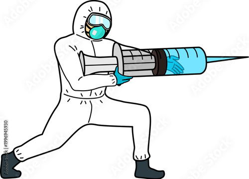 Person in antiviral  suit and use syringe to disinfect
