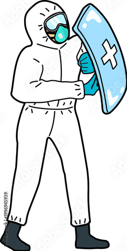 Person in antiviral  suit and use shield to disinfect