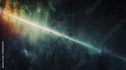 Dark grainy abstract backdrop with dynamic light effects, wide bright white rainbow-hued streak crossing the frame, scattered blurred blue and yellow light patches, full distressed texture