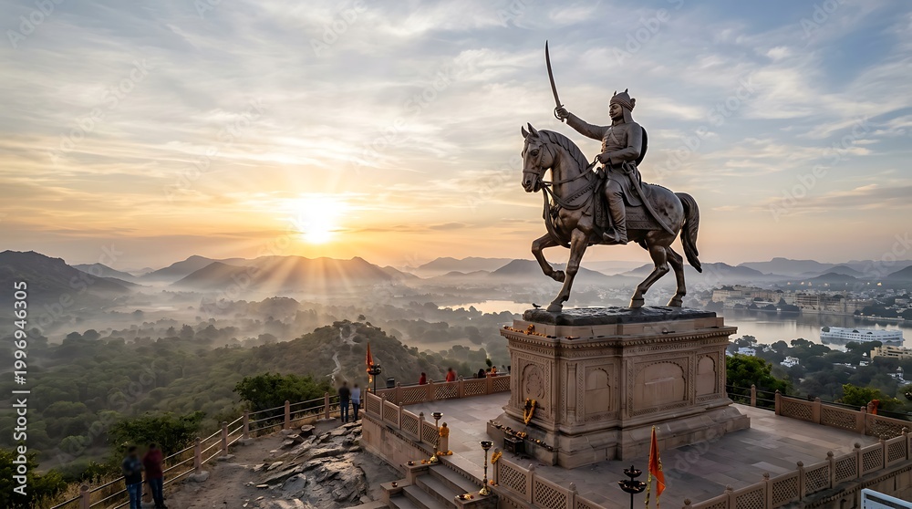 Fototapeta premium Maharana Pratap Statue at Moti Magri Udaipur During Sunrise