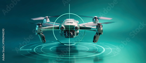 A combat drone is centered within crosshairs against a blue and green background, highlighting its design and features in a realistic style from above