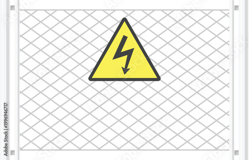 Steel Fence with Electrical Hazard Warning Sign Flat Illustration. High Voltage Symbol Design Element Isolated on White Background