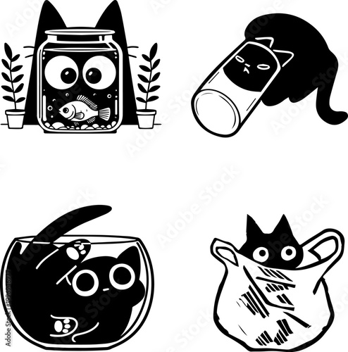Black Cat Funny Poses - Curled up in Bowls and Bags