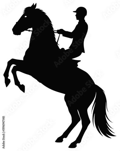 Horse Rearing with Rider Silhouette, Equestrian Figure in Profile, Vector Illustration Isolated on Transparent Background