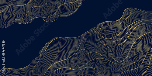 Luxury Japanese wave pattern, elegant gold lines background. Abstract vector design, Chinese ornament, flowing water shapes, vintage Asian aesthetics, premium wallpaper, decorative print.