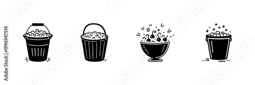 Buckets And Bowl Filled With Ice Cubes In Hand Drawn Style Set. Refreshment, Beverage Cooling, Party Preparation Doodle Sketch Collection. Summer Chill Concept. Isolated Vector Illustration