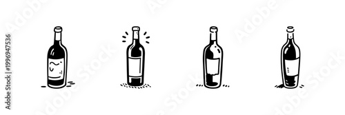 Wine Bottles In Hand Drawn Style Set. Beverage Selection, Wine Tasting, Alcoholic Drink Doodle Sketch Collection. Vintage Wine Culture. Isolated Vector Illustration