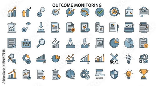 Outcome Monitoring Icons Representing Business Growth and Analysis.