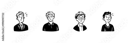 Four Male Character Portraits In Hand Drawn Style Set. Diverse Hairstyles And Attire Doodle Sketch Collection. Casual And Formal Outfits. Isolated Vector Illustration