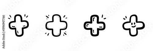 Playful Plus Sign Icons In Hand Drawn Style Set. Positive Symbol, Addition, And Happiness Doodle Sketch Collection. Fun And Whimsical Design. Isolated Vector Illustration