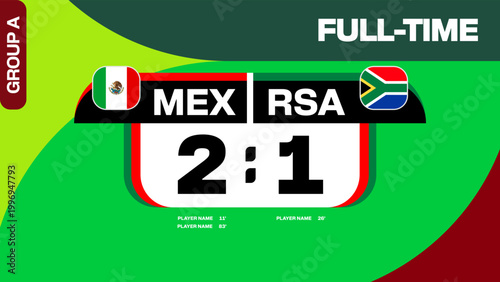 Dynamic Football 2026 Match Scoreboard Announcing Full-Time Results for Mexico vs South Africa Group A Game
