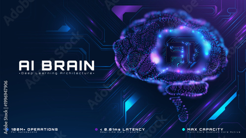 Abstract ai brain background with blue circuit board graphic. Future digital tech concept and neon purple light effect. Vector illustration.