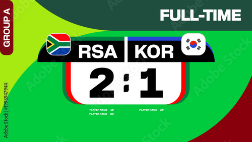 Modern Football 2026 Match Scoreboard for RSA vs KOR Full-Time Results, dynamic Football 2026 tournament announcement graphic.