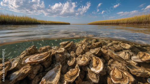 before and after split image of degraded estuary bottom versus thriving oyster reef with fish schooling above restored shells, habitat comparison, conservation success, estuarine ecology, marine res