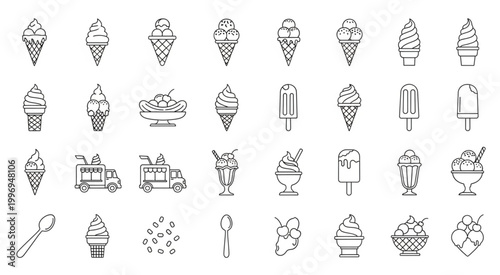 Collection of various ice cream cones and desserts in black and white line art.