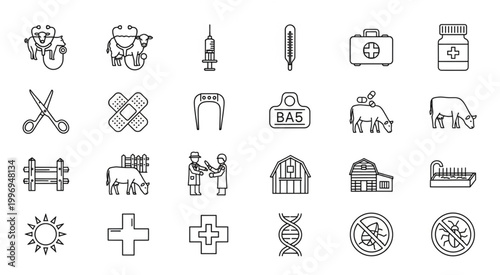 Veterinary and agricultural tools and symbols for animal health and care.