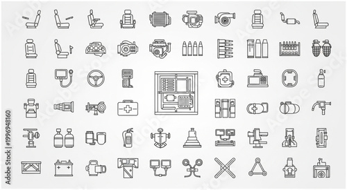 Collection of various car parts and components in outline style for design.