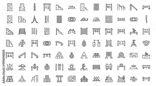 Collection of playground equipment icons in a simple outline style for design.