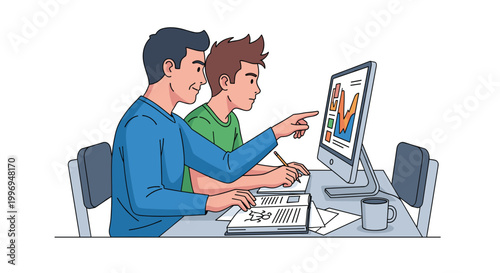 A focused adult mentor in a blue shirt points at a computer screen while a young student in a green shirt diligently takes notes at a grey desk.
