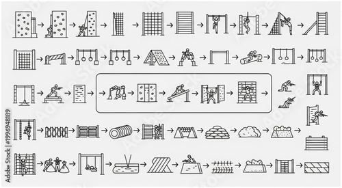 Playground equipment and obstacles for childrens outdoor activities and fun.