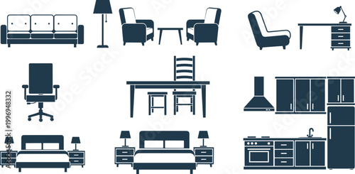 Essential home furniture silhouettes living room office dining kitchen bedroom interior design icons modern house decor collection