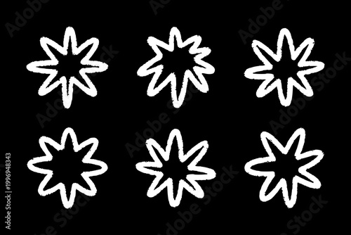 Hand Drawn Chalk Star Icons Set, Abstract Doodle Celestial Symbols and Rounded Decorative Shapes. Modern Boho Vector Collection for Logo Design, Branding, Stickers, Posters and Creative Templates.