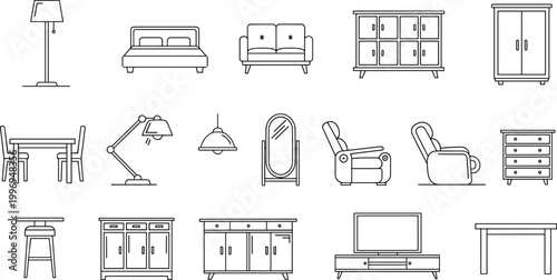Household furniture line drawings living room bedroom dining kitchen interior design icons sofa bed lamp cabinet decor vector