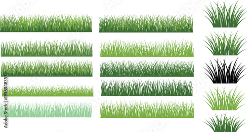 Green grass patches silhouettes meadow plants nature illustration blades tufts vegetation eco design landscape vector background collection set