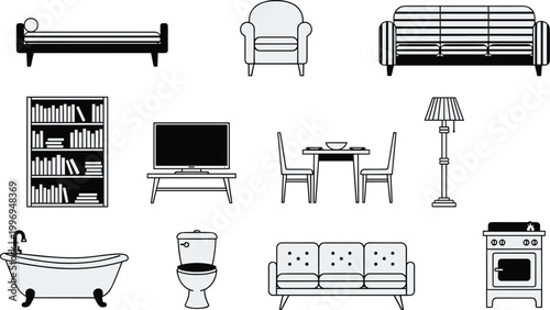 Household furniture silhouettes bedroom living room bathroom kitchen interior design icons modern home decor vector illustration set