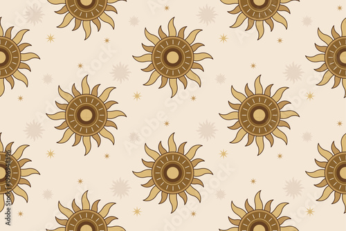 Seamless Vintage Sun Celestial Pattern with Golden Stars – Boho Cosmic Background