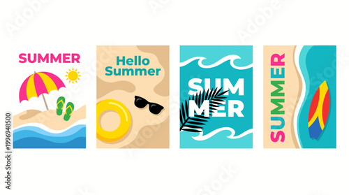 Vibrant summer poster collection featuring beach scenes, waves, sun, palm trees and swimmers in colorful postcard designs for wall decor and travel-inspired, seasonal vibes.