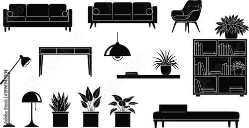 Modern home furniture silhouettes living room office interior design icons sofa chair lamp bookshelf plants decor vector set