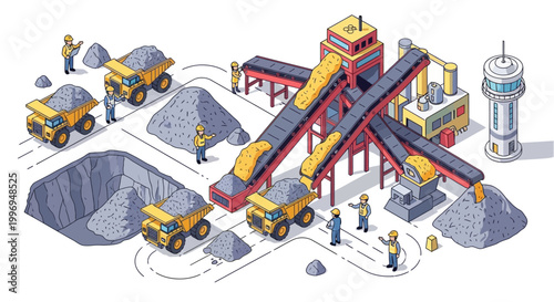 Isometric vector illustration showing mine workers operating machinery within a coal mine, with dump trucks and conveyor belts transporting materials against a clean background