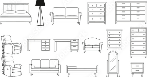 Set of furniture line icons including bed sofa lamp desk dresser chair and mirror isolated on white background for interior design