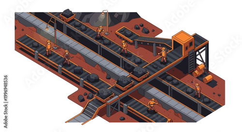 Isometric vector illustration depicting coal mine workers overseeing the mining industry process on conveyor belts in a stylized design, set against a clean white background with a focus