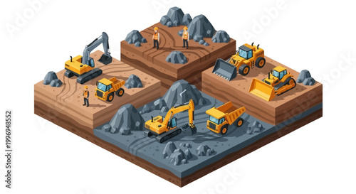 Isometric vector illustration showing a coal mine with mine workers operating heavy equipment, creating a design icon with earthy tones and a clean background, depicting a thriving mining