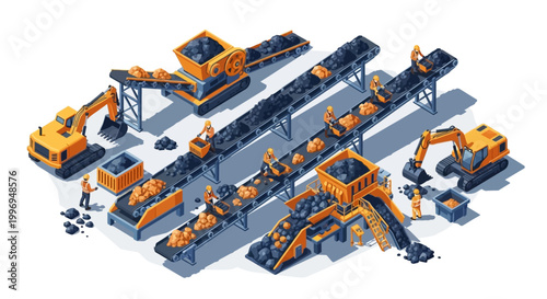 Isometric vector illustration of a coal mine shows mine workers and equipment like excavators and conveyor belts, set against a clean white background, with a flat design and a cool